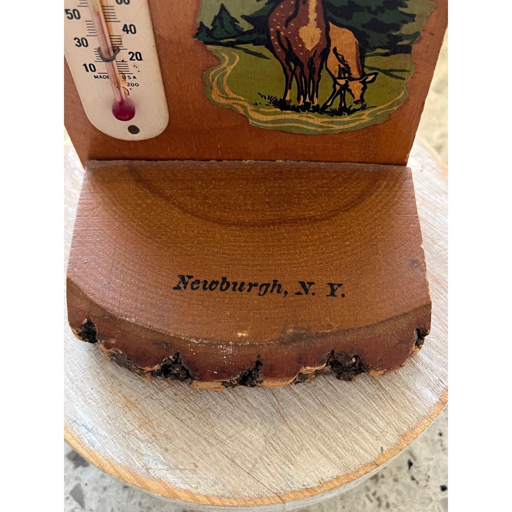 Vintage Newburgh NY Wood Souvenir Thermometer Deer Forest Rustic Cabin Decor - Picture 3 of 5